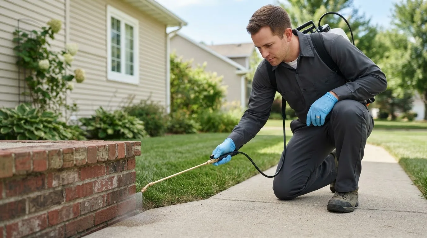 Pest control technician treating a home near Des Plaines, IL